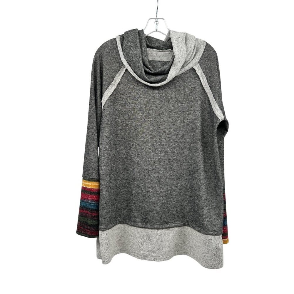 Egy Womens Cowl Neck Pullover Sweater Long Striped Sleeve Gray/Multi Size Large